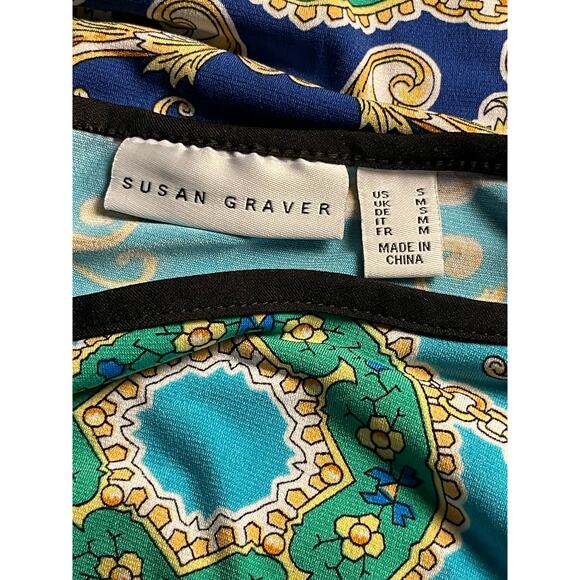 Susan Graver Size Small Liquid Knit Blue Green Yellow Printed Cold Shoulder Top - Picture 6 of 10